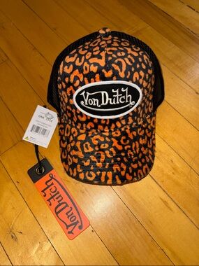 Von Dutch Plush Orange and Black Leopard Trucker Hat